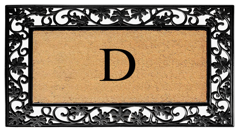 A1HC Floral Border Black 18x30 Rubber and Coir Heavy Duty Monogrammed Doormat, D