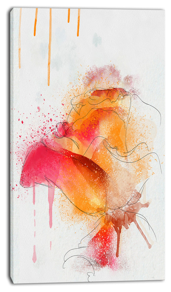 Orange Rose Illustration Watercolor, Floral Canvas Art Print, 16"x32"