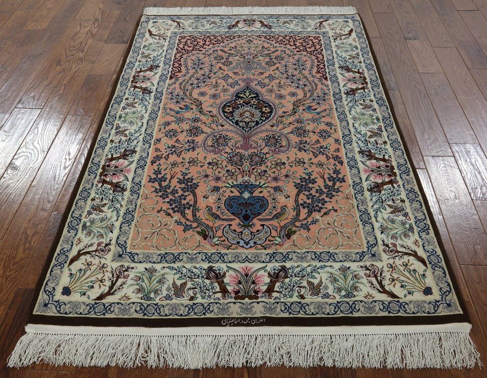 Signed Authentic Persian Isfahan Handmade Wool and Silk Area Rug, 4'x6'
