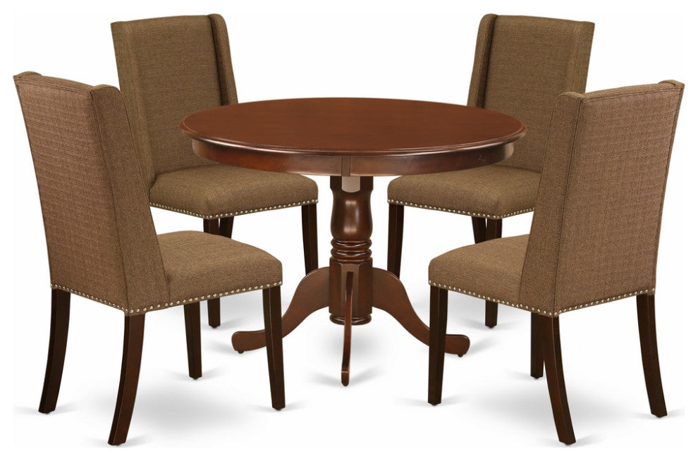 5-Piece Dining Set, 4 Chairs and Round Table, High Back and Mahogany