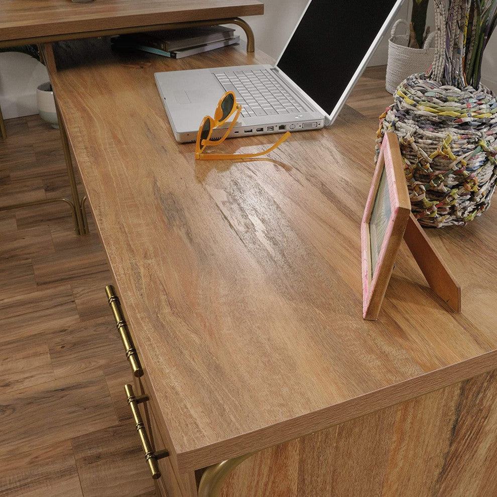 Unique L-Shaped Desk, Golden Metal Frame With Sindoori Mango Top and Drawers