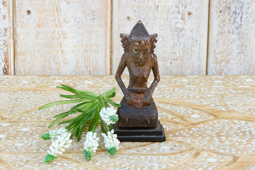 Antique Carved & Painted Balinese Praying Figurine