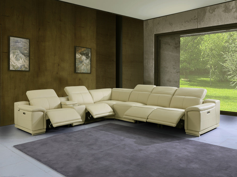 Federico 7-Piece L-Shaped Top Grain Italian Leather Sectional-4 Power Recliners, Beige