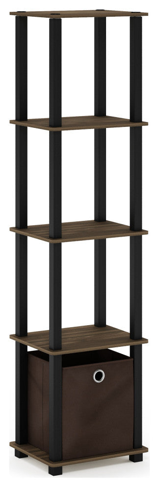 5-Tier Display Decorative Shelf with One Bin, Columbia Walnut/Black/Dark Brown