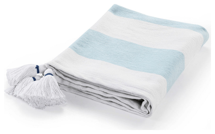 Blue and White Woven Cotton Striped Throw Blanket