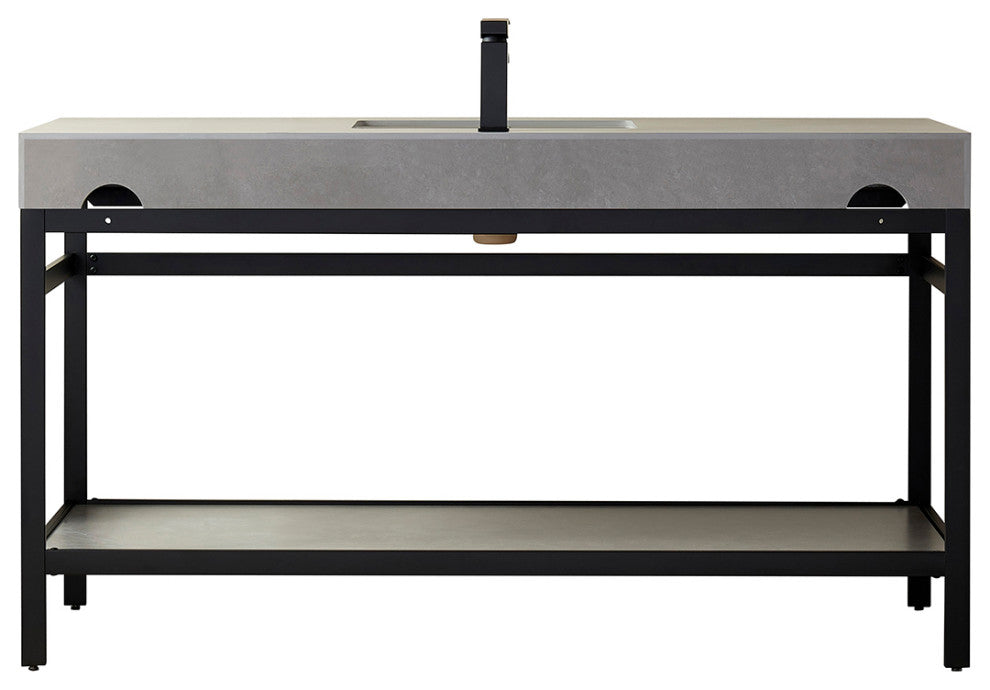 Funes Bath Vanity without Mirror, Matte Black Hardware, Double Sink, Grey Stone Top