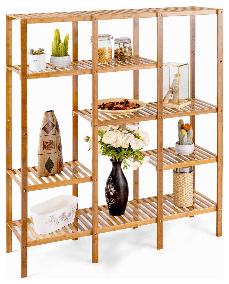 Costway Multifunctional Bamboo Shelf Organizer Rack Plant Stand Display Closet