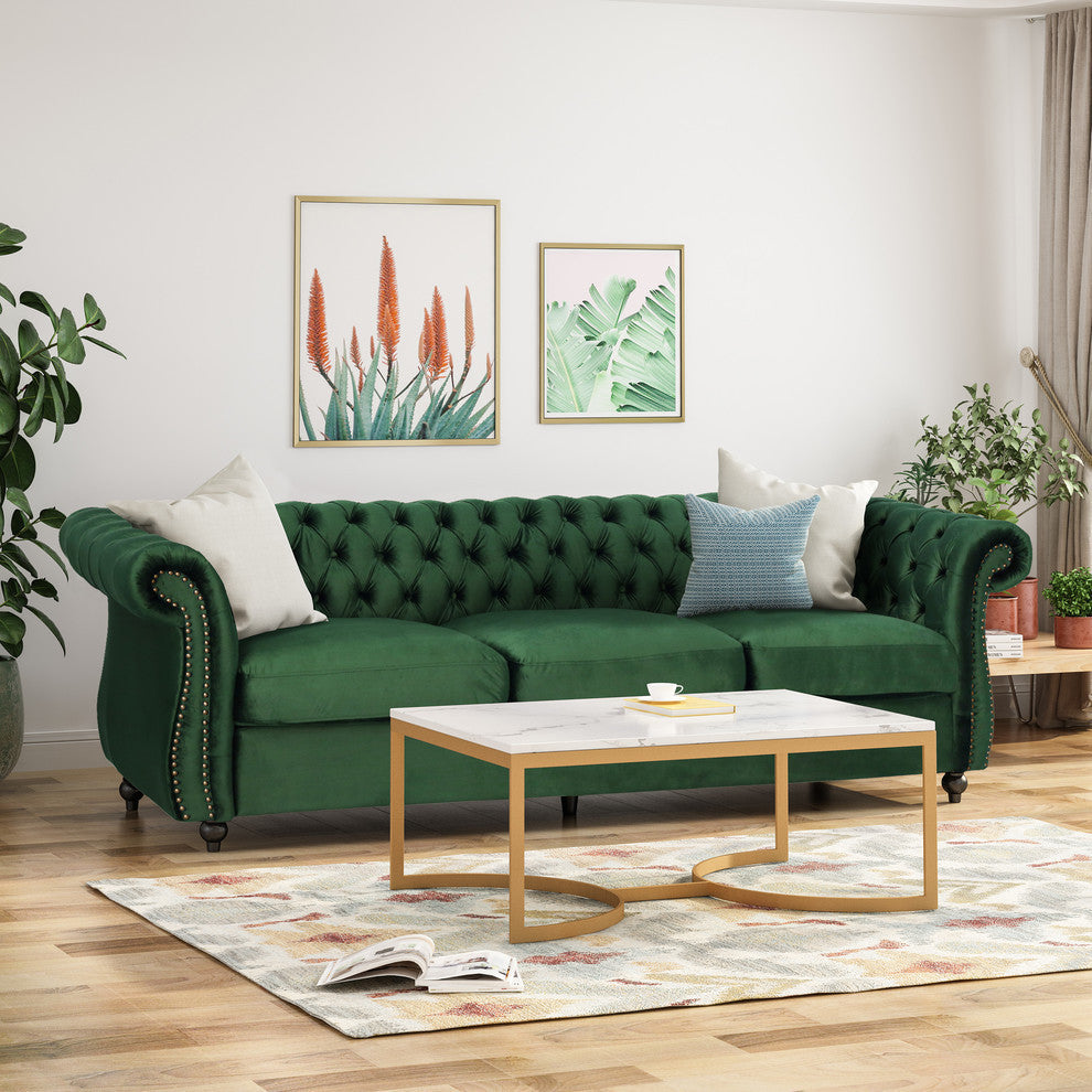 GDF Studio Vita Chesterfield Tufted Jewel Toned Velvet Sofa With Scroll Arms, Emerald