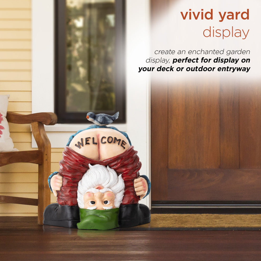 22" Tall Mooning "Welcome" Outdoor Garden Gnome with Bird Yard Statue Decoration