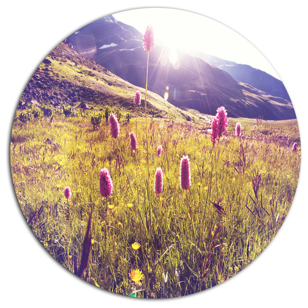 Mountain Pasture With Pink Flowers, Flower Disc Metal Artwork, 11"