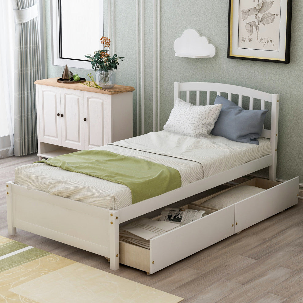 Gewnee Wood Twin Platform Bed with Storage Drawers in White