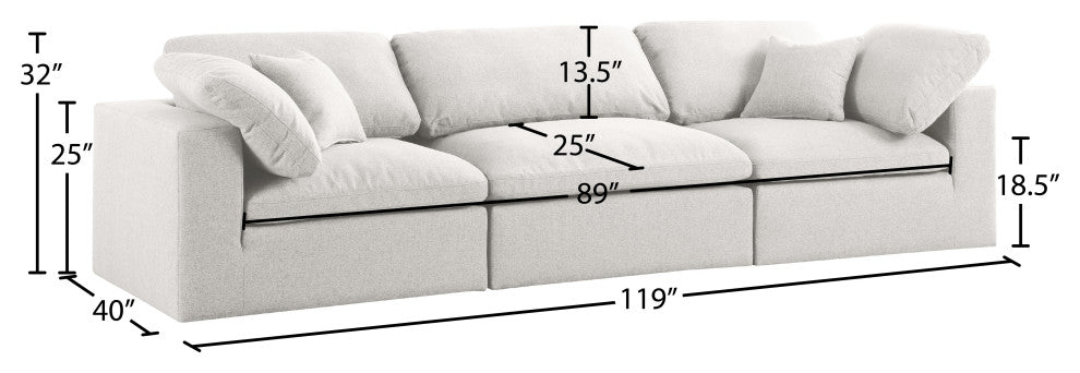 Serene Linen Textured Fabric Deluxe Comfort 3-Piece Modular Sofa, Cream