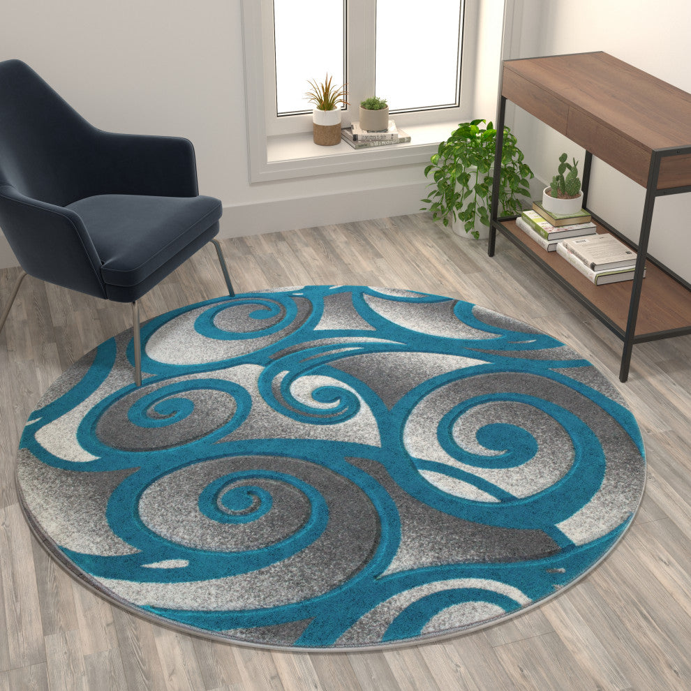 Angie Collection Modern High-Low Pile Swirled Round 6' x 6' Turquoise Area Rug