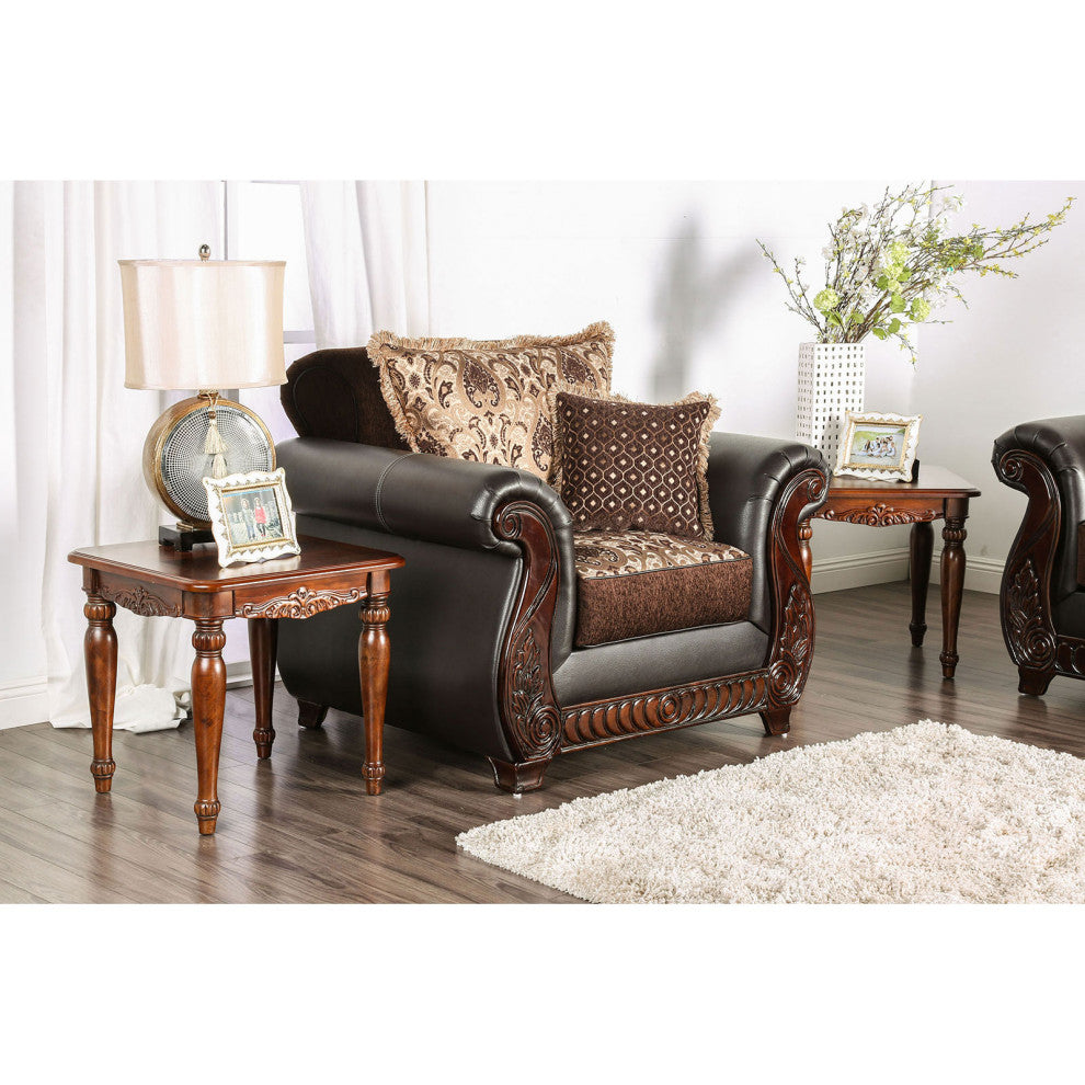 Fabric and Leatherette Chair with Rolled Arms Design, Dark Brown