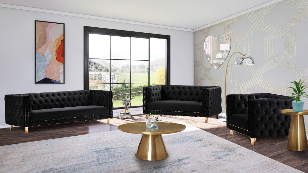 Michelle Fabric Upholstered Chair, Gold Iron Legs, Black, Velvet, Sofa