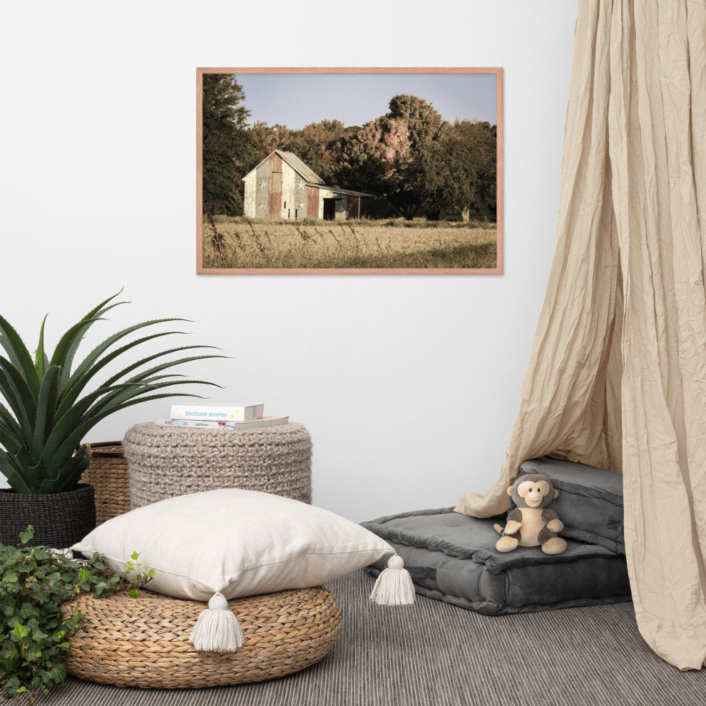 Patriotic Barn in Field Aged Effect Framed Photo Paper Wall Art Prints, Red Oak, 24" X 36"