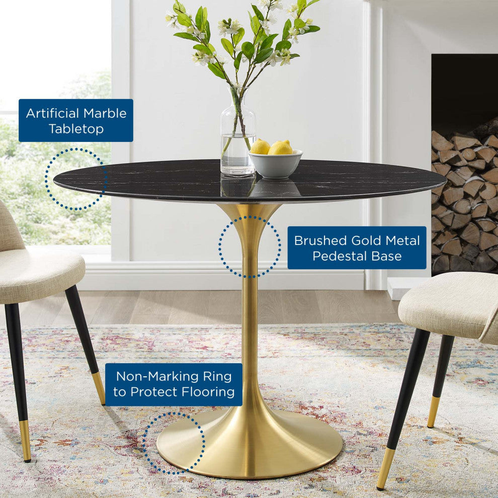 Dining Table, Oval, Artificial Marble, Metal, Gold Black, Cafe Bistro Restaurant