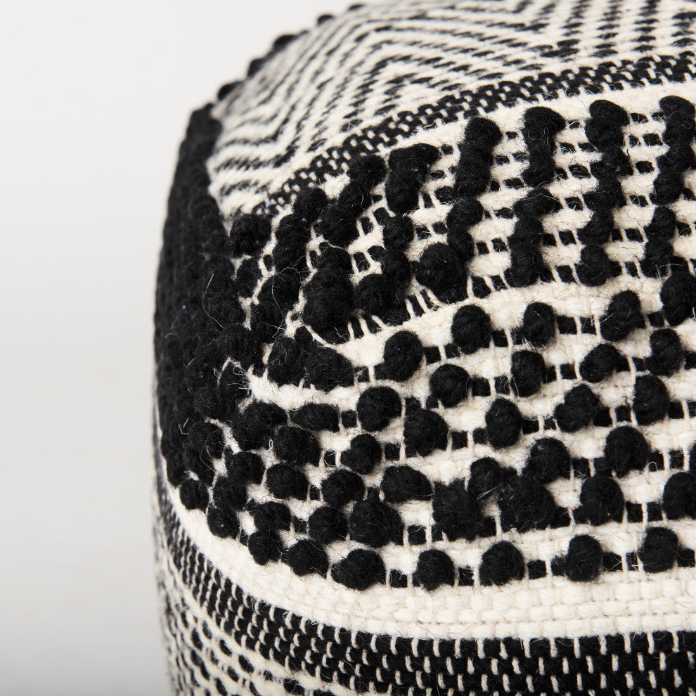 Garima 22Lx22Wx14H Black/White Wool and Cotton Patterned Pouf