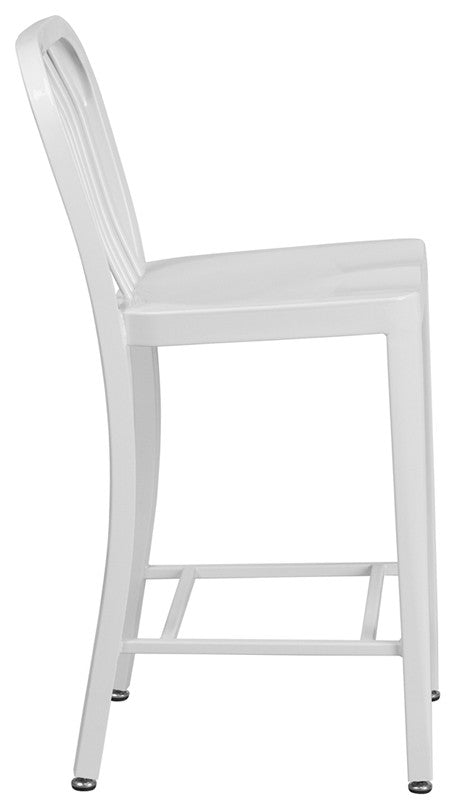 24" High White Metal Indoor-Outdoor Counter Stool With Vertical Slat Back