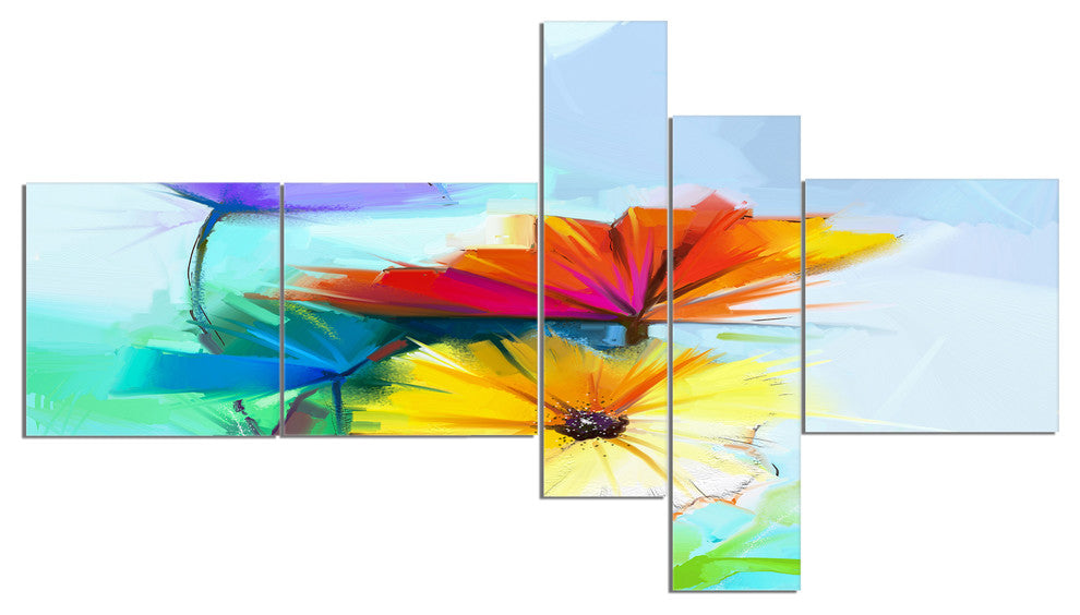 Amazing Watercolor of Spring Daisies, Floral Canvas Art Print, 60"x32", 5 panels