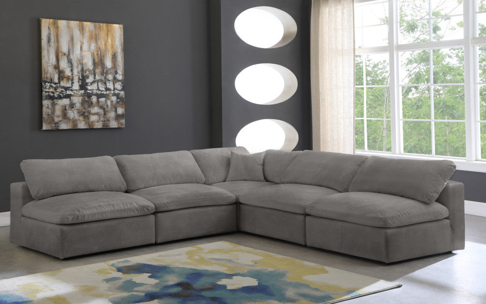 Cozy Velvet Upholstered Comfort L-Shaped Modular Sectional, Grey, 5-Piece: 4 Armless Chair, 1 Corner Chair