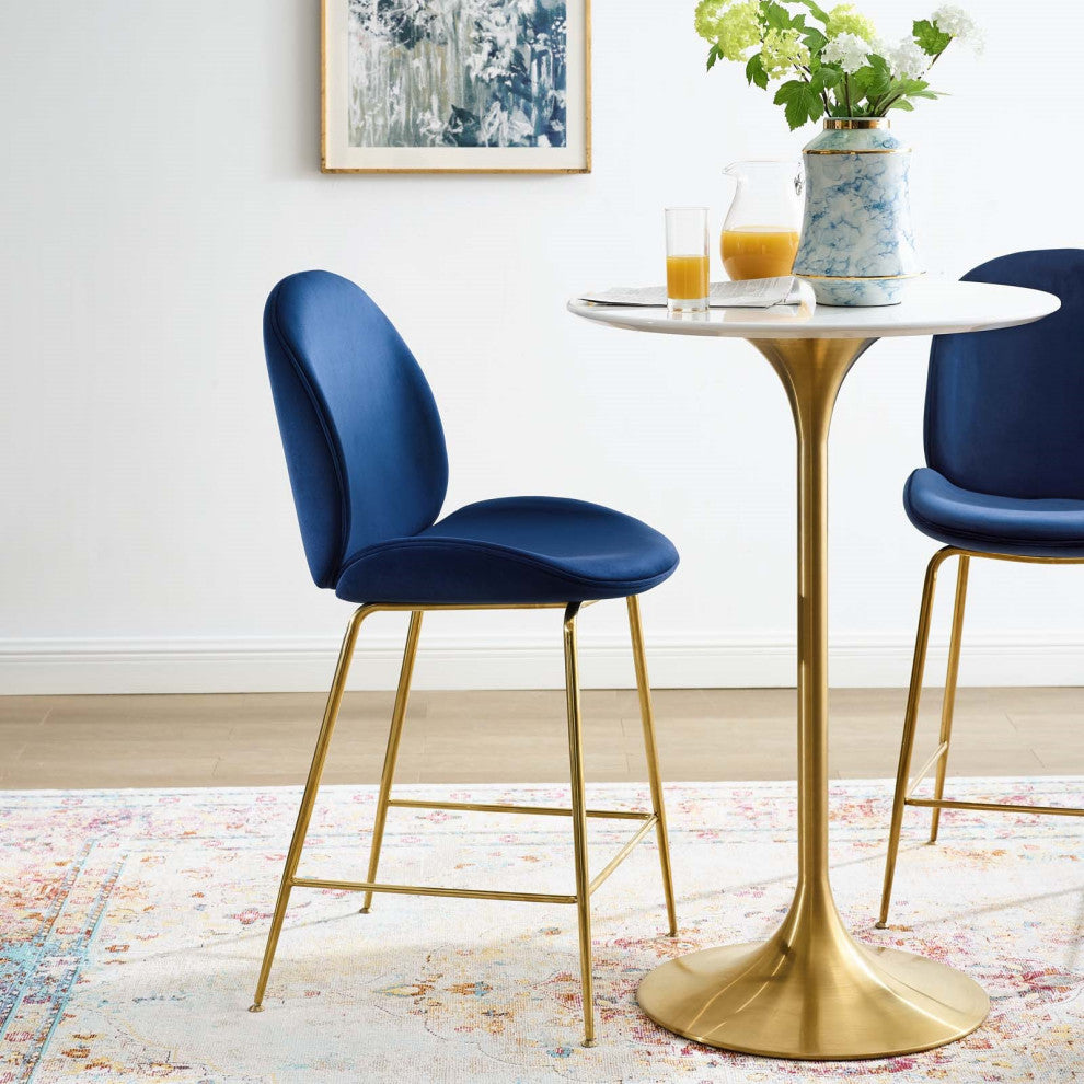 Velvet Counter Stool, Gold Luxe Glam Contemporary Modern Counter Stool, Blue