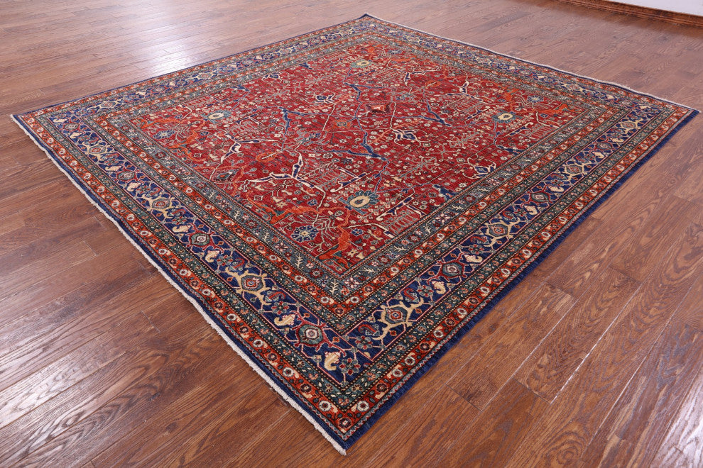 9' Square Hand Knotted Persian Fine Serapi Wool Rug - Q12436