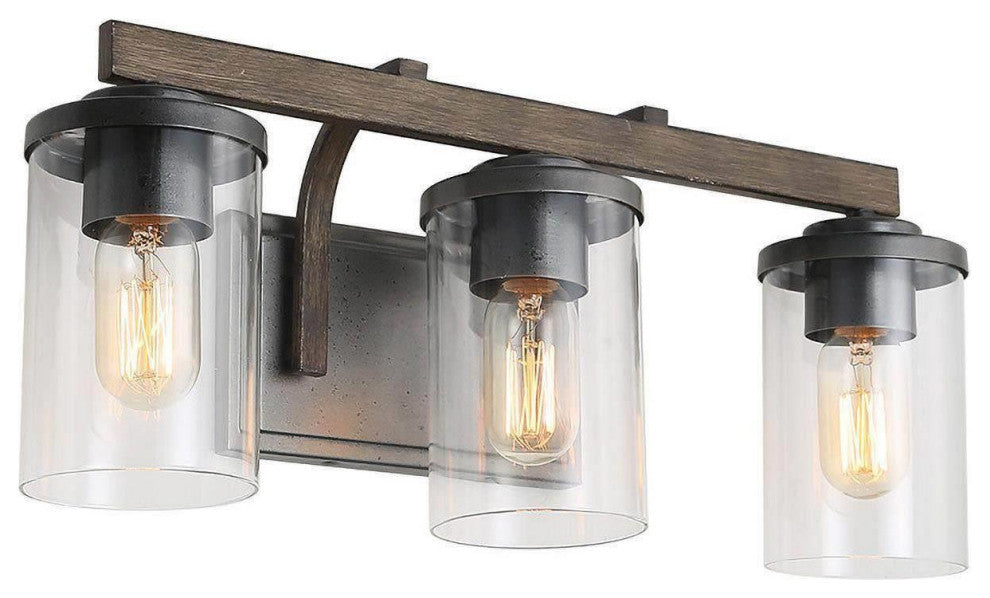 LALUZ 3-Light Black and Wood Gray Industrial Bathroom Vanity Lights