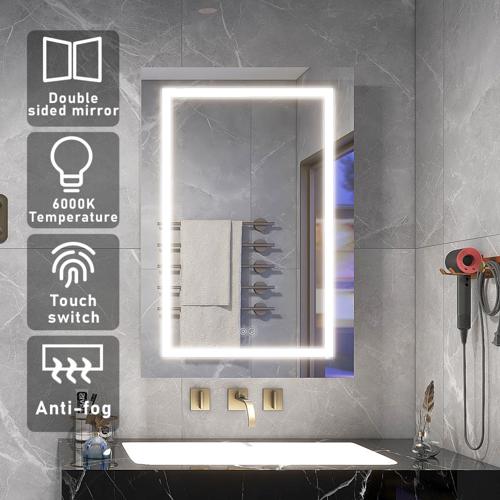 Recessed or Surface Mount Frameless Medicine Cabinet W/ LED Light & 2 Mirrors, Right Door