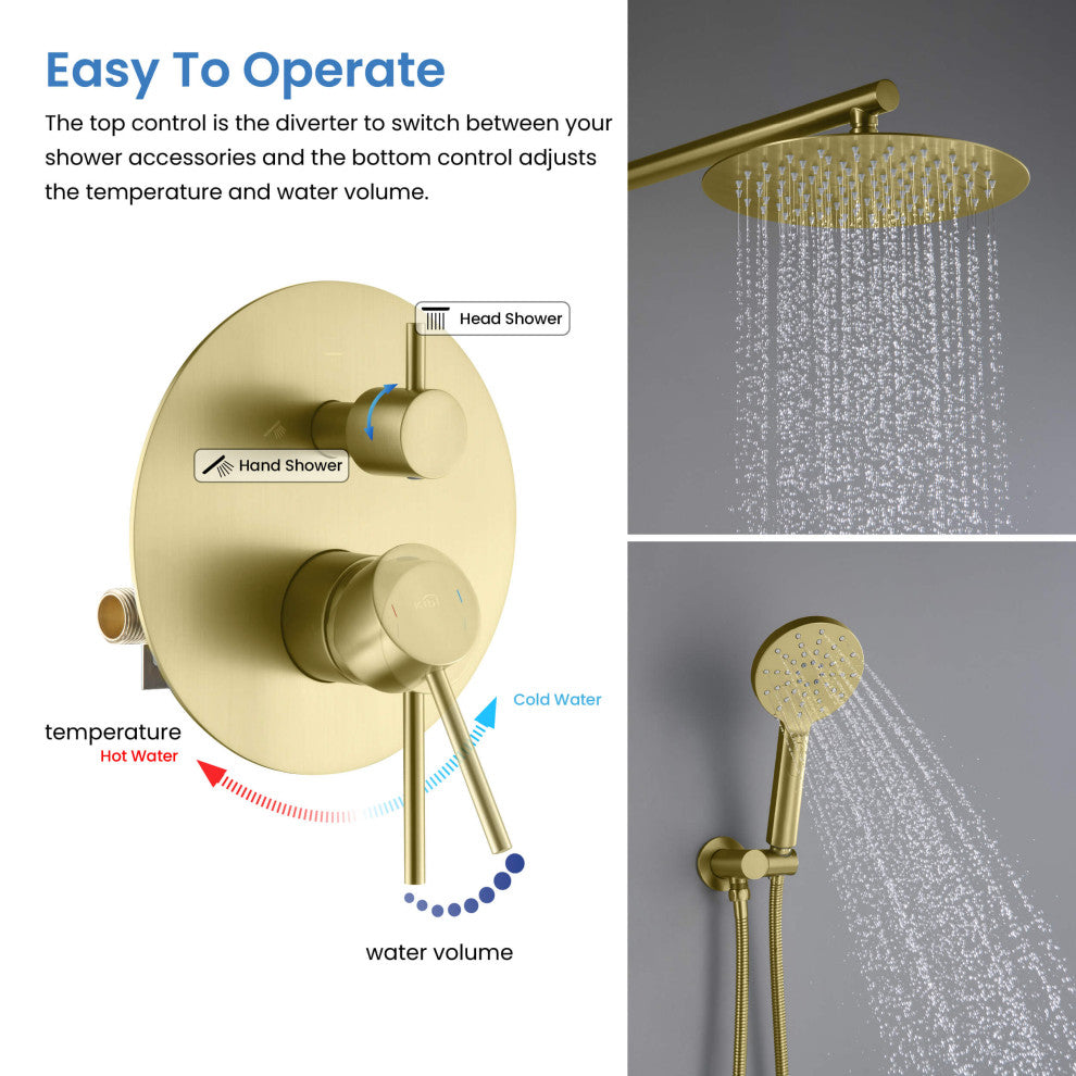 Circular Pressure 2-Function Shower System, Rough-In Valve, Brushed Gold