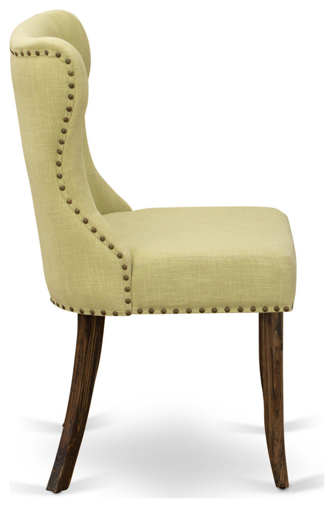 Set Of 2, Upholstered Chair, Distressed Jacobean Wooden Structure, Limelight
