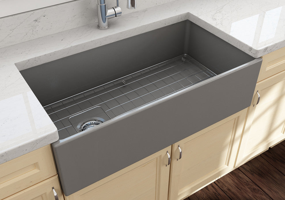Bocchi Contempo 36 Matte Gray Fireclay Farmhouse Sink Single Bowl With Free Grid