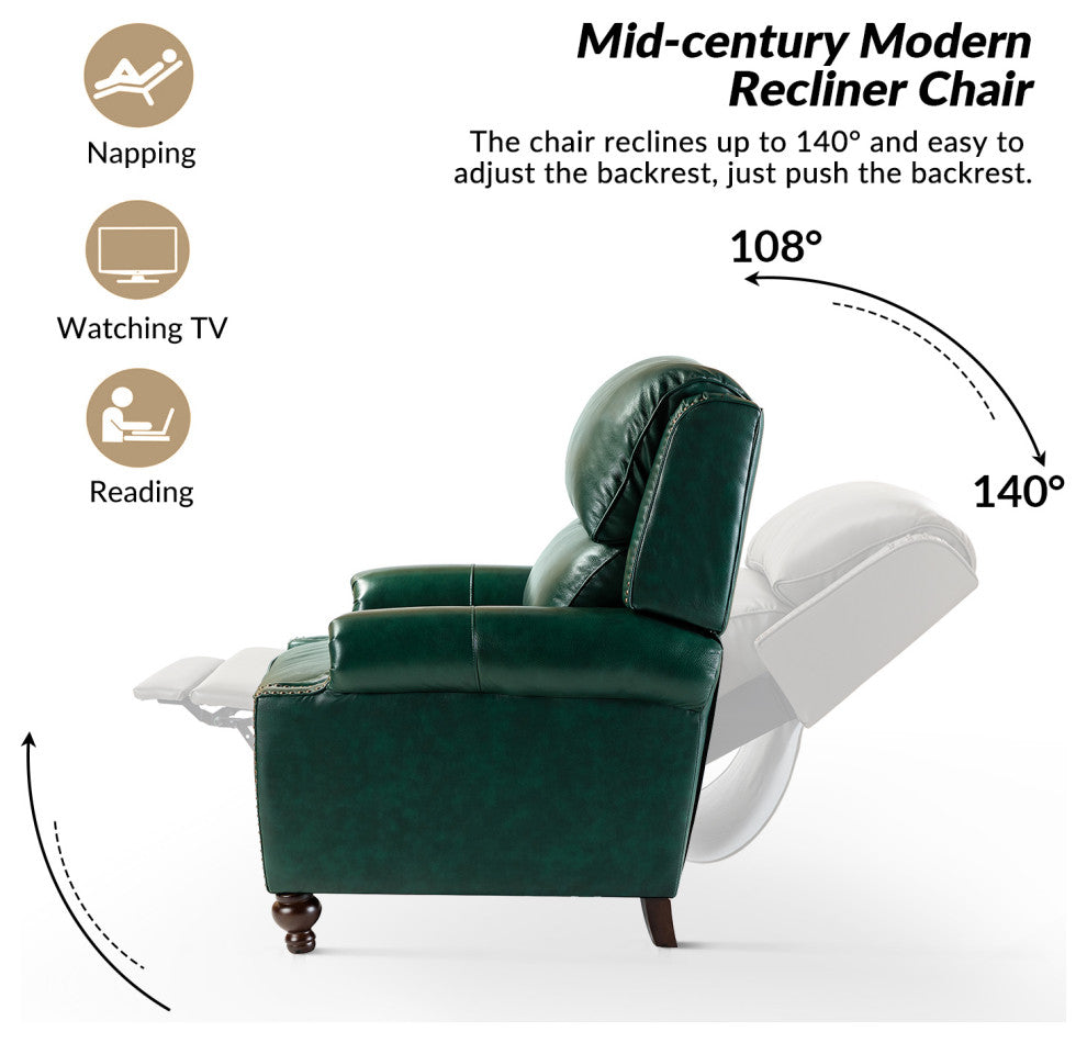 Genuine Leather Cigar Recliner, Home Theater Seating, Set of 2, Green