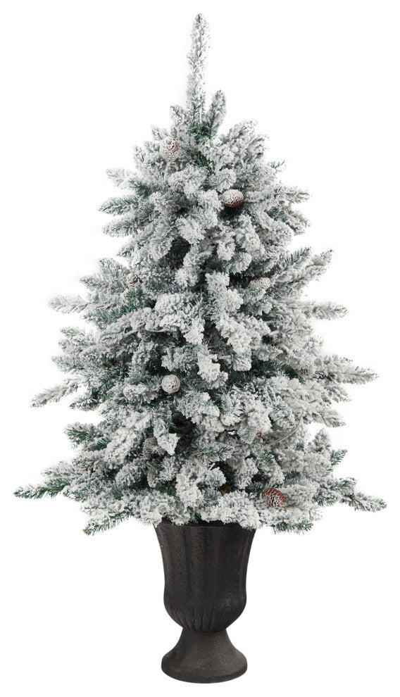 4.5' Flocked Livingston Fir Faux Xmas Tree W/Pinecones & Clear Lights, Urn
