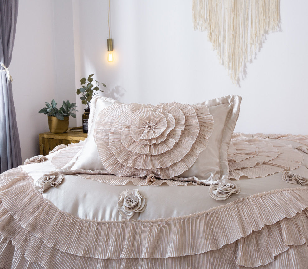 Frosted Fields Faux Satin Luxury Ruffle Comforter Set, California King, Cal King