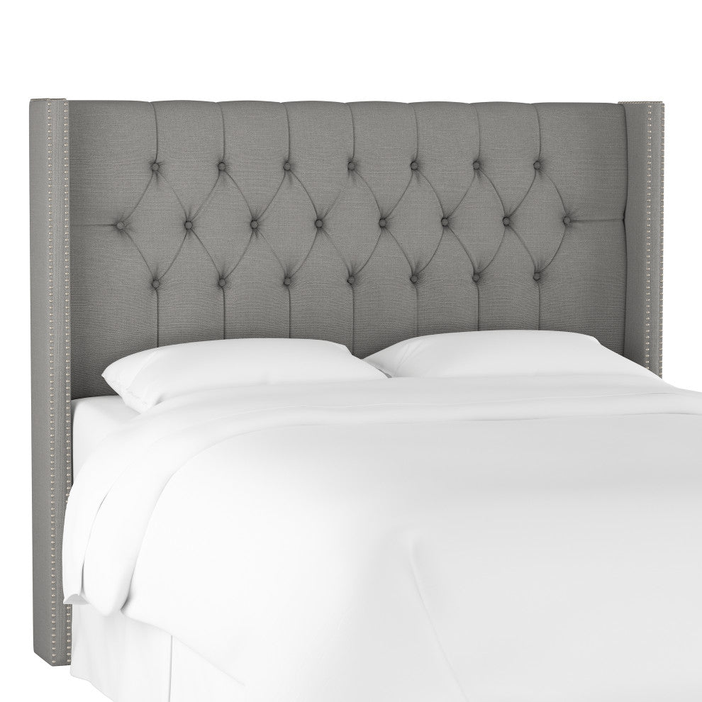 Monarch Queen Diamond Nailbutton Wingback Headboard, Linen Gray