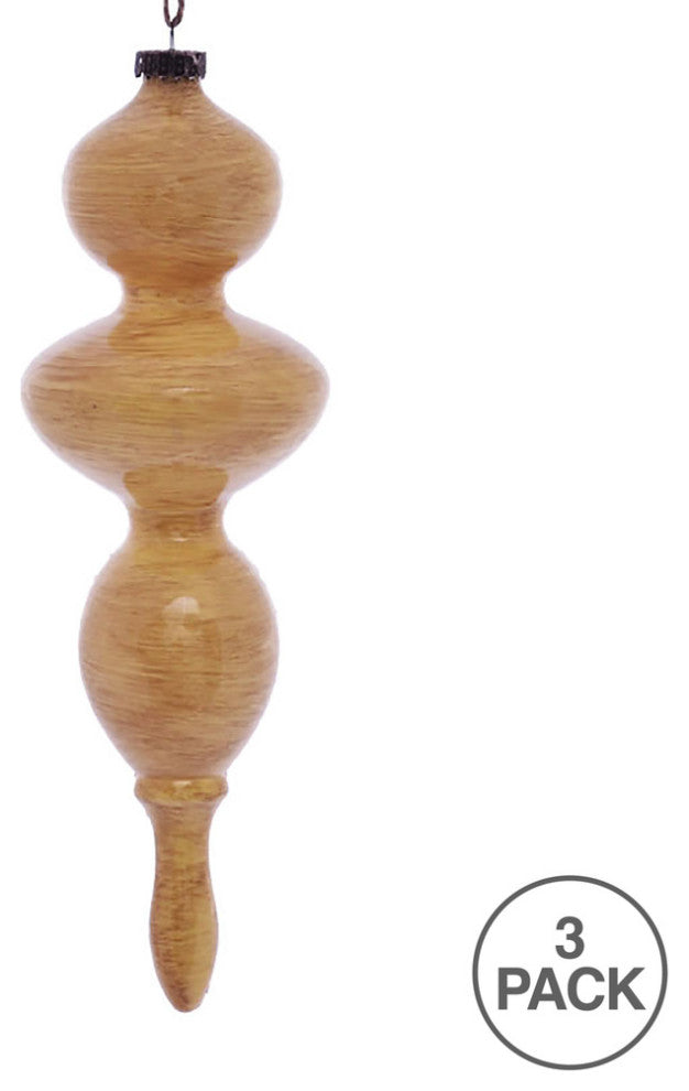 Vickerman MC198690 14" Tan Wood Grain Bubble Finial Ornament, Pack of 3