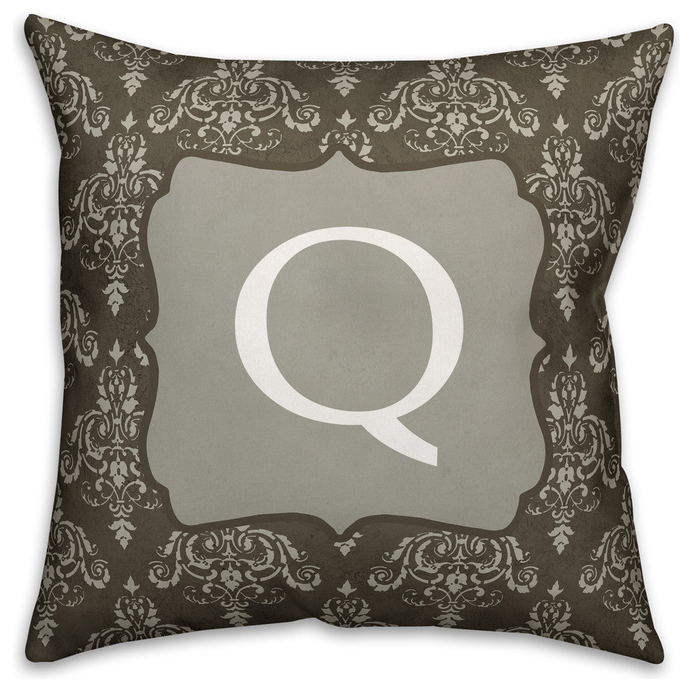 Q Dark Gray Damask Monogram Spun Poly Pillow, 18x18