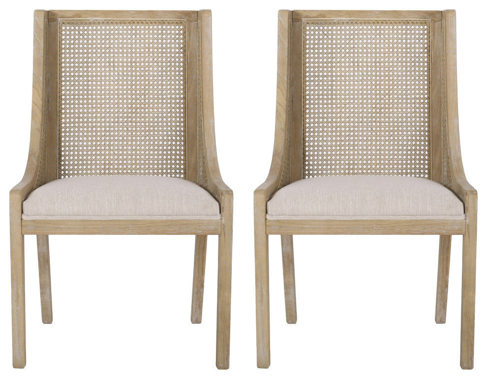 Wendell Rustic Fabric Upholstered Wood and Cane Dining Chairs, Set of 2, Beige