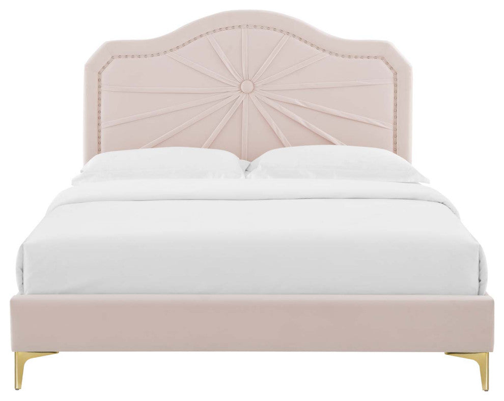 Platform Bed Frame, Twin Size, Velvet, Pink, Modern Contemporary, Bedroom Master
