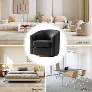 Swivel Barrel Geniune Leather Chair With Solid Wood Base, Black