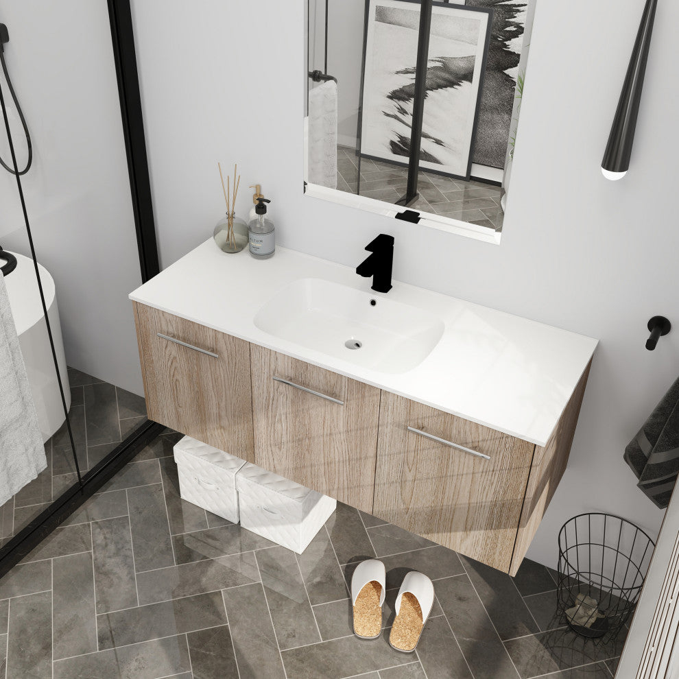 48" Plywood Wall Mounted Bath Vanity Set, Integrated Resin Sink