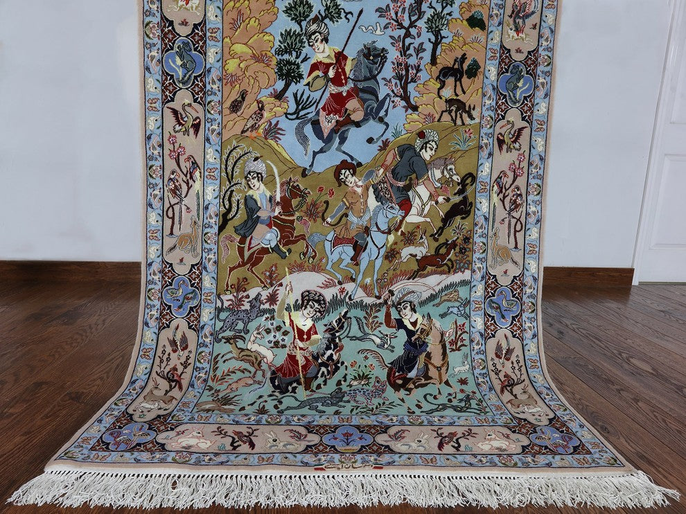 Hunting Scene Wool and Silk Authentic Signed Persian Isfahan Rug, 4'x7'
