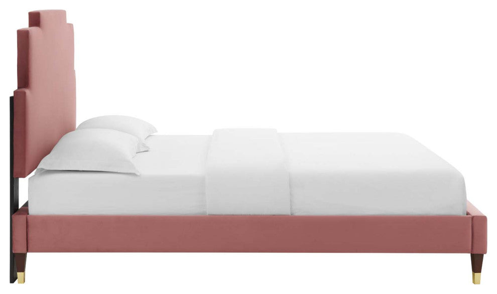 Platform Bed Frame, King Size, Velvet, Pink, Modern Contemporary, Bedroom Master