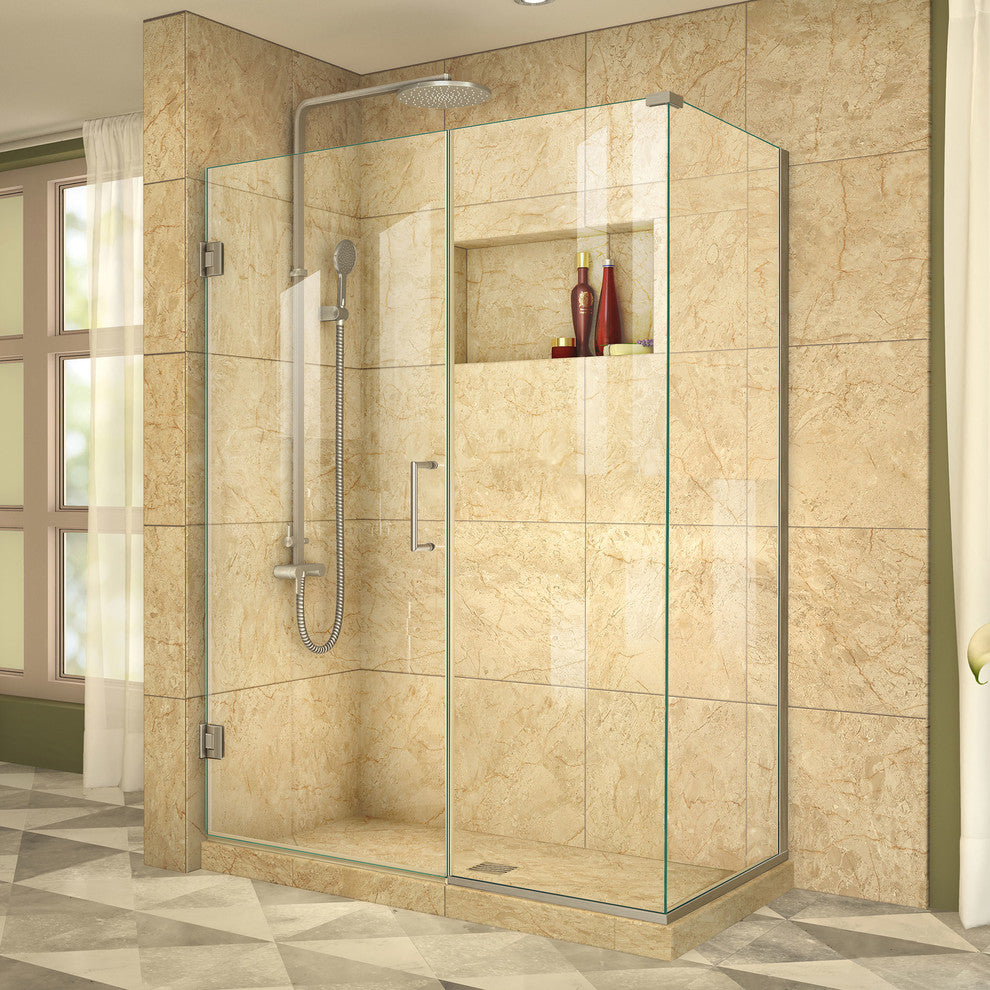 Unidoor Plus 51-1/2"x34-3/8"x72" Frameless Shower Enclosure, Brushed Nickel