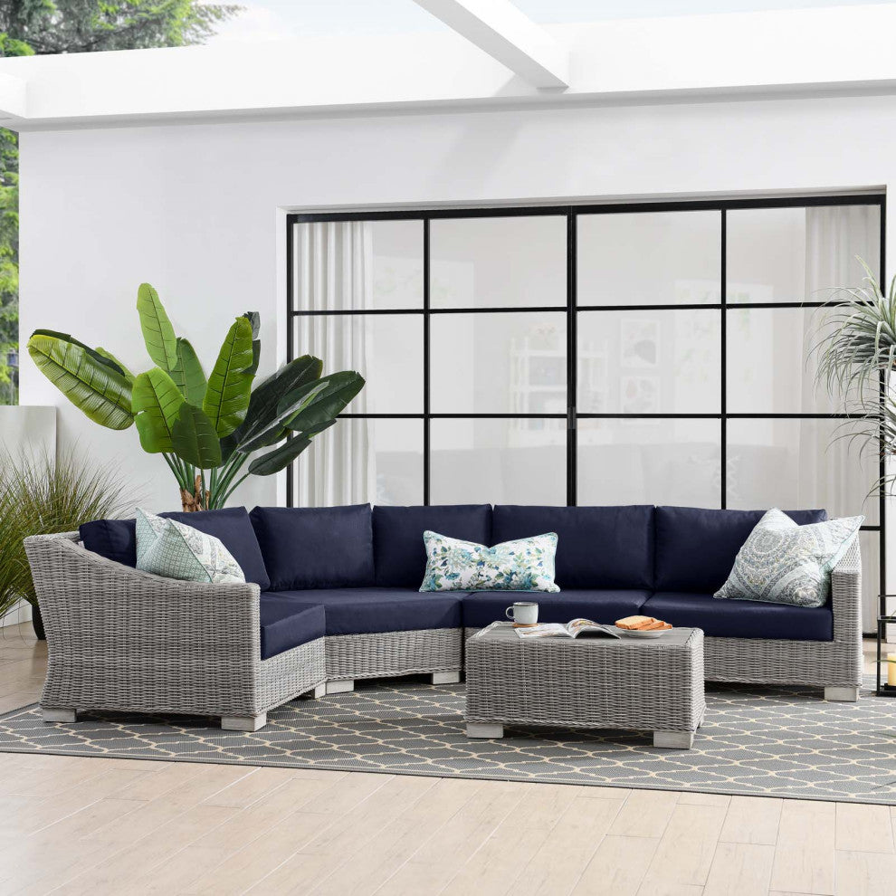 Lounge Sectional Sofa Chair Table Set, Rattan, Gray Blue Navy, Outdoor