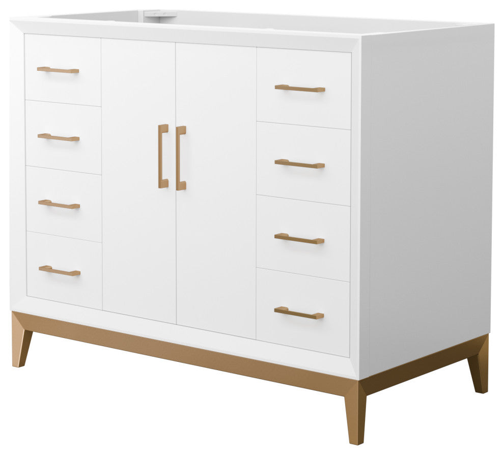 Amici 42" White Single Vanity, No Top, No Sink, Satin Bronze Trim