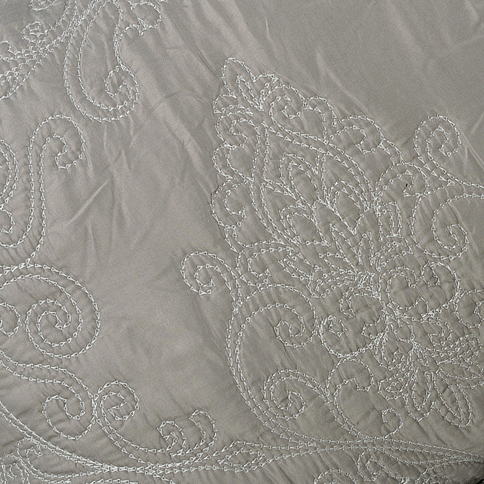 Damask Embroidered Quilted 4 Piece Bed Spread Sets, Ash Gray, Queen