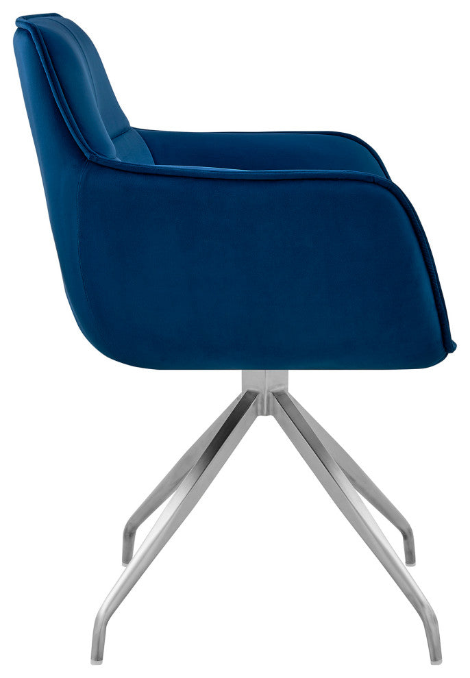 Noah Dining Room Accent Chair in Blue Velvet and Brushed Stainless Steel Finish