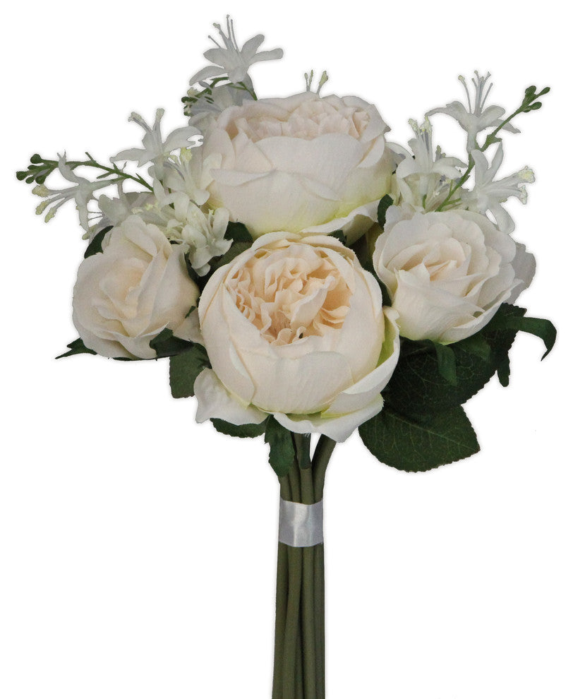 10 Stems Faux English Rose and Rose Bud Bouquet, Ivory